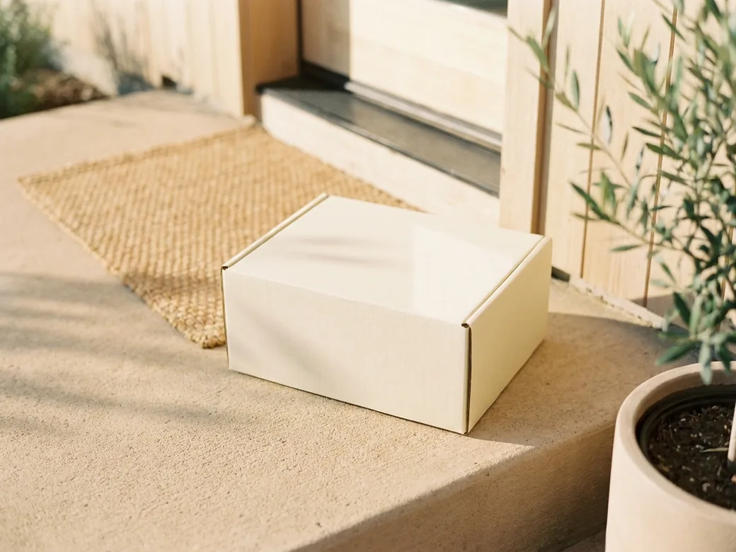 A discreet, unbranded Living+ package delivered to a home doorstep