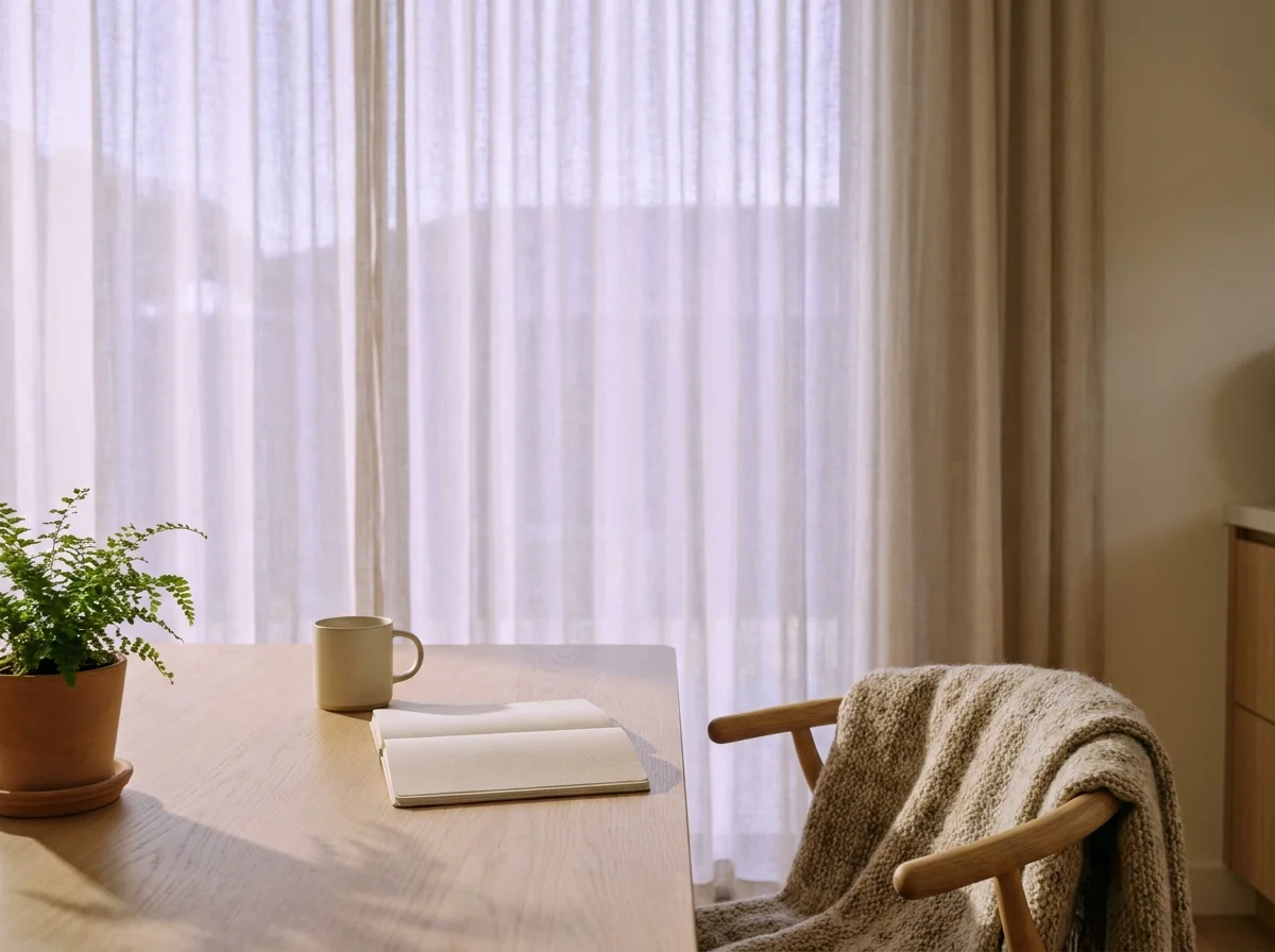A quiet corner of a warm modern home in morning light