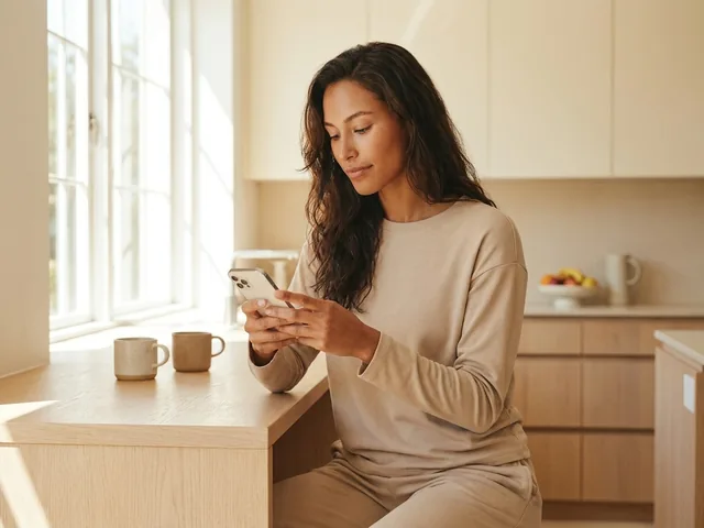 A woman at her kitchen counter completing the Living+ online health assessment on her phone