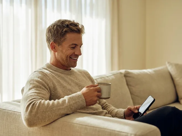 A man relaxing at home with a coffee while a licensed provider reviews his assessment
