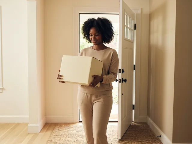 A woman carrying a plain unbranded Living+ parcel in from her front door
