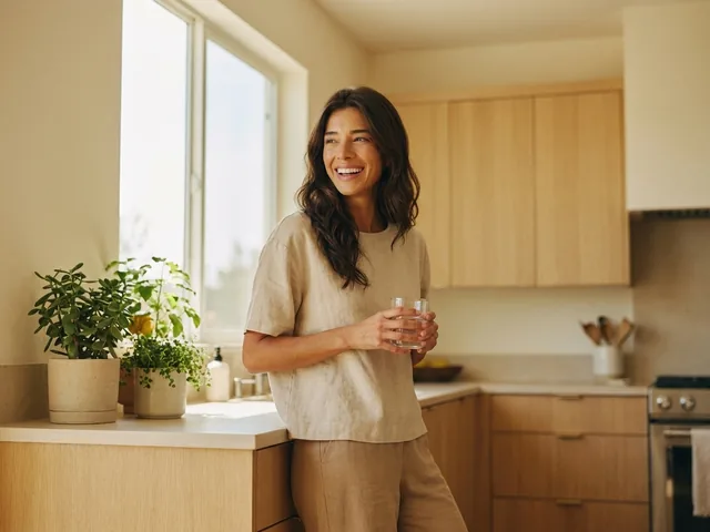 A woman at ease in her sunlit kitchen while continuing her Living+ care plan