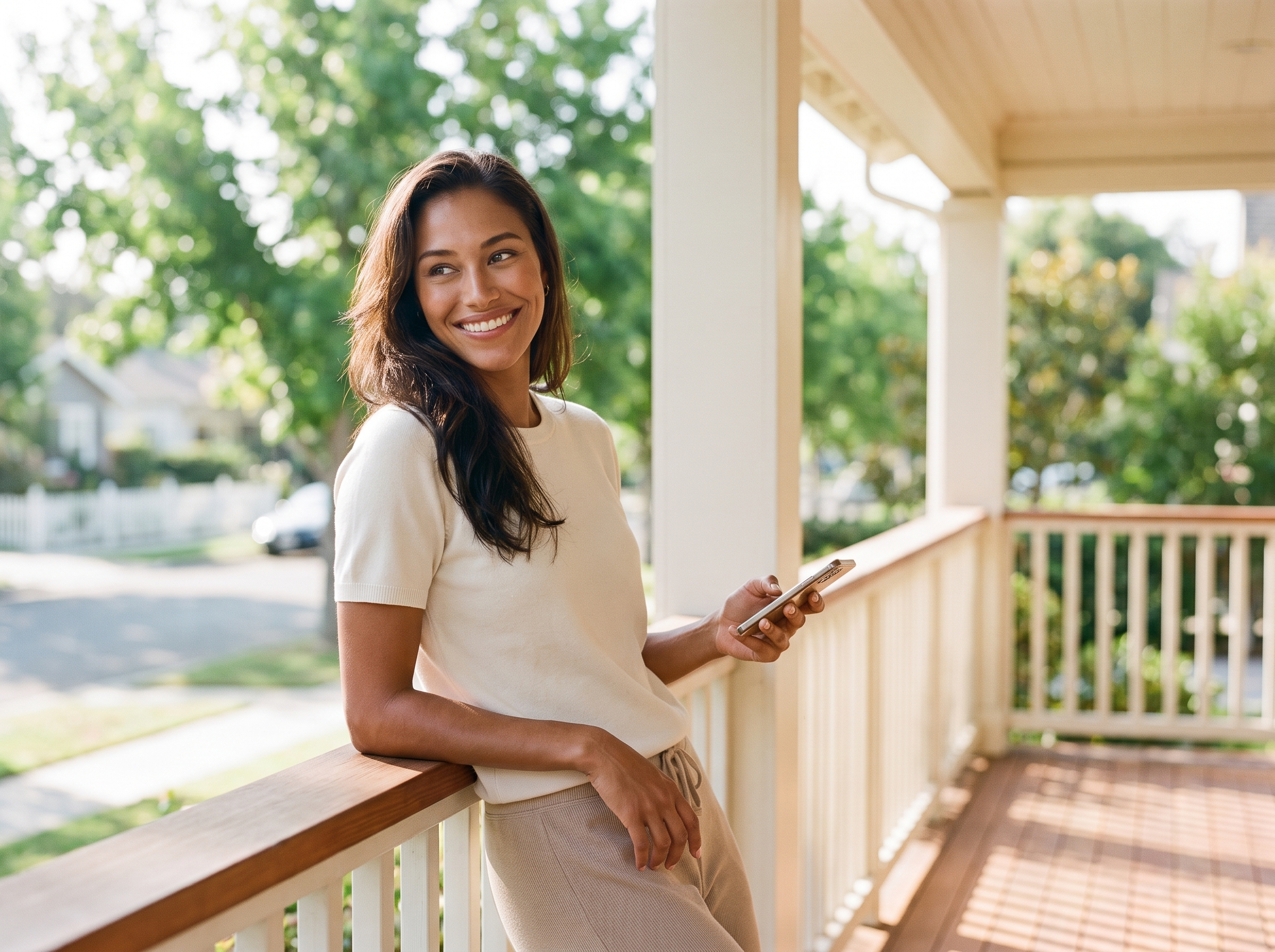 Living+ patient relaxing on the front porch of her home on a sunny morning