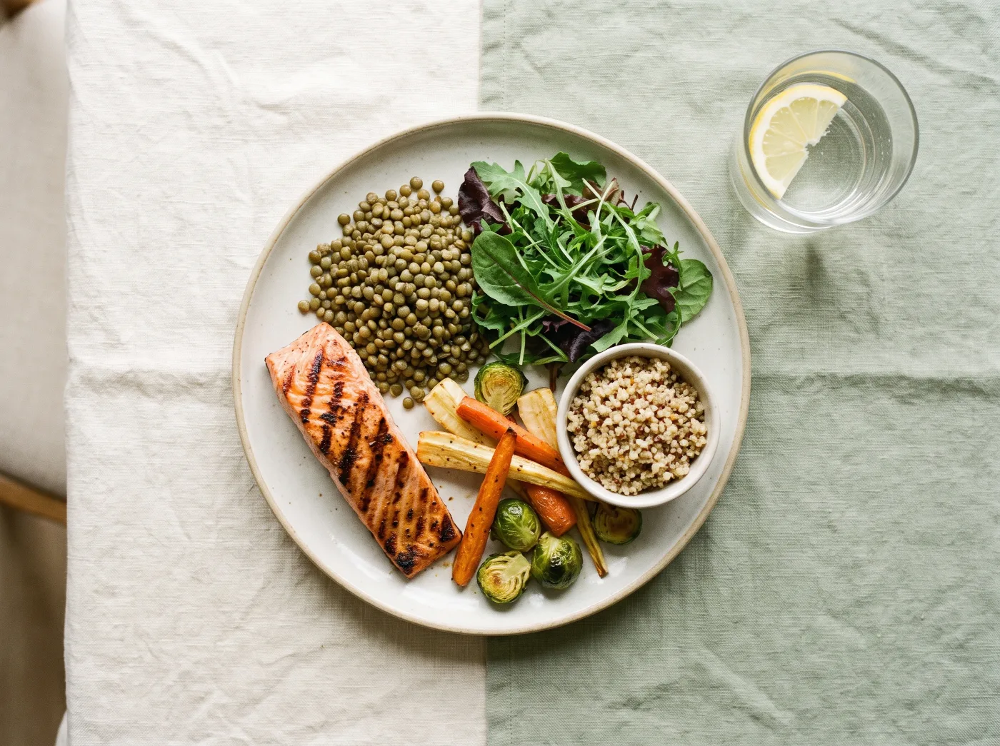 A balanced plate with salmon, lentils, greens and quinoa