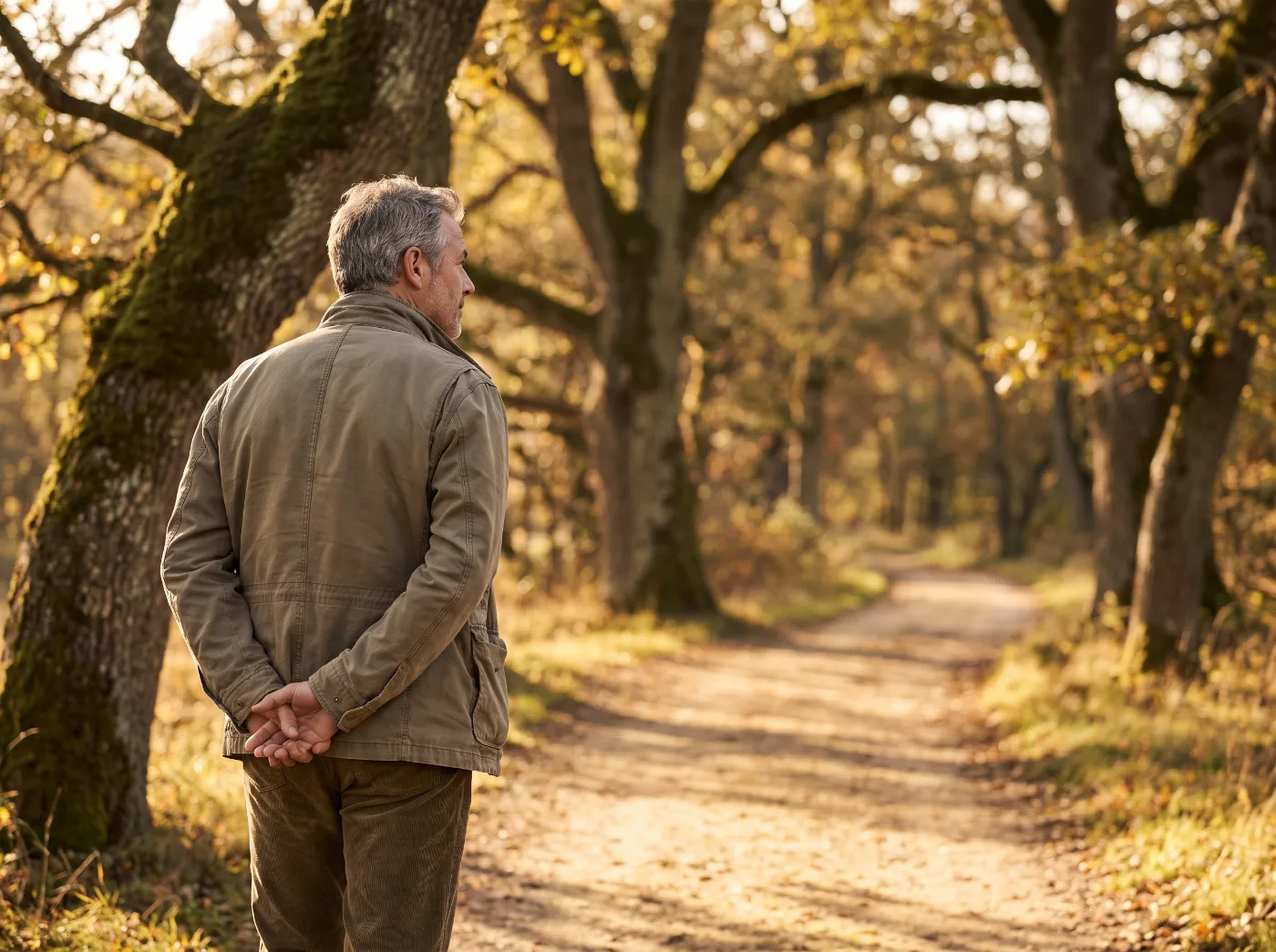 A man walking a tree-lined path in soft morning light